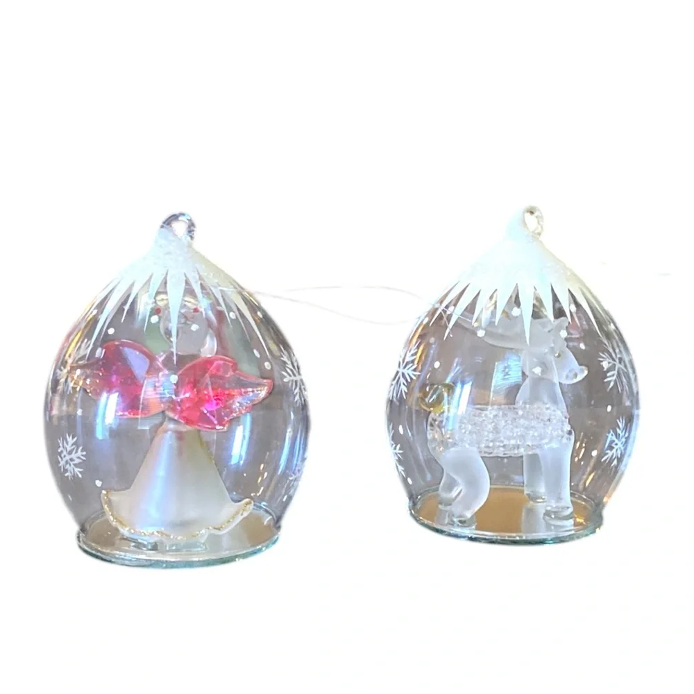 Glass Teardrop Angel & Reindeer Christmas Ornaments Pair‎ Hand Painted